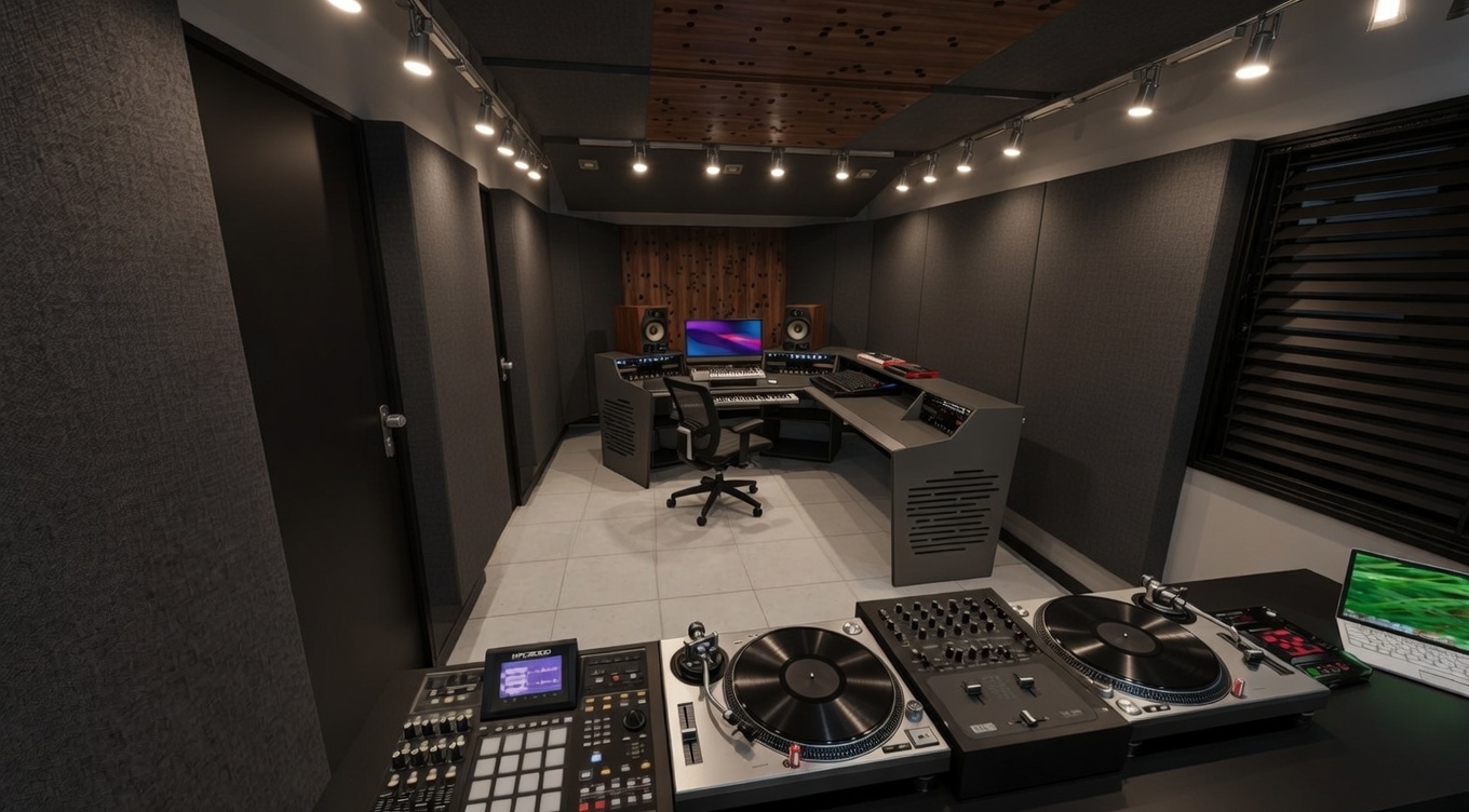 Vista perspectiva da area de producao com zona DJ em primeiro plano